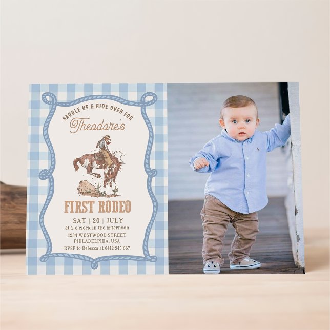 Vintage Blue Gingham First Rodeo Photo Invitation (Creator Uploaded)