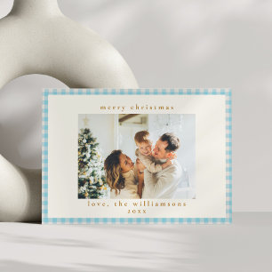 Vintage Blue Gingham Plaid Custom Photo Christmas Holiday Card