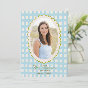 Vintage Blue Gingham Scallop Photo Graduation Announcement