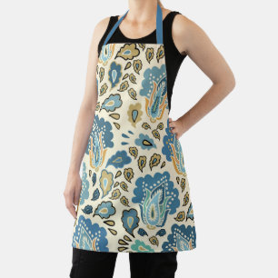 Vintage Blue Gold Abstract Paisley Pattern Apron