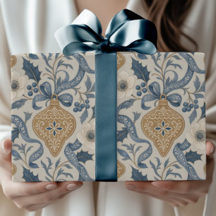 Vintage Blue & Gold Christmas Ornaments Floral Wrapping Paper