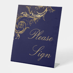 Vintage Blue Gold Damask Please Sign Wedding Stand