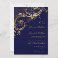 Vintage Blue Gold Floral Damask Monogram Wedding