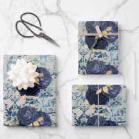 Vintage Blue Gold Floral Damask Pattern