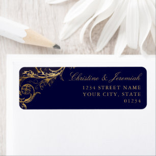 Vintage Blue Gold Floral Damask Return Address