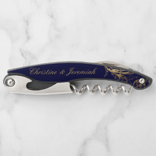 Vintage Blue Gold Floral Damask Script Wedding Corkscrew
