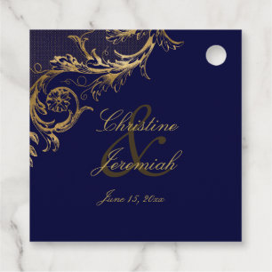 Vintage Blue Gold Floral Damask Script Wedding Favour Tags
