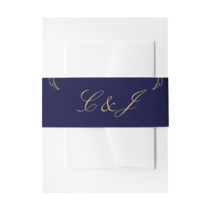 Vintage Blue Gold Floral Damask Script Wedding Invitation Belly Band