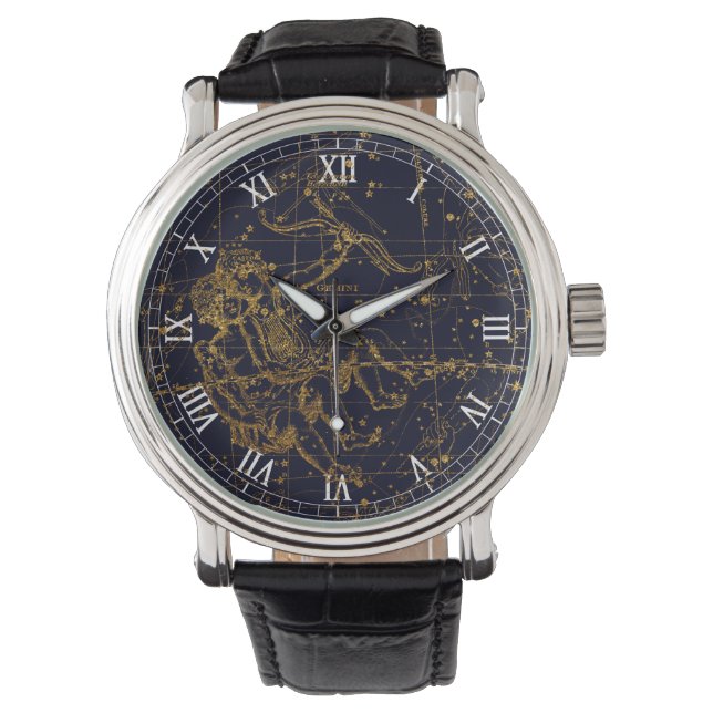Vintage Blue Gold Gemini Zodiac Constellation Watch (Front)
