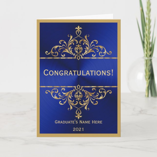Vintage Blue Gold Glam Congratulations Graduation Card (Front)