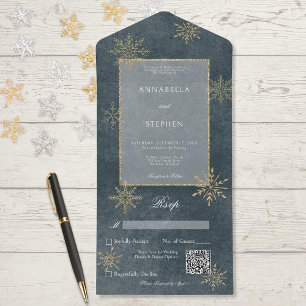 Vintage Blue & Gold Glitter Snowflakes QR Code All In One Invitation