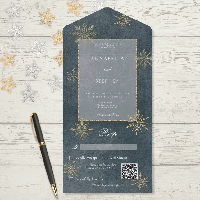 Vintage Blue & Gold Glitter Snowflakes QR Code All In One Invitation ...