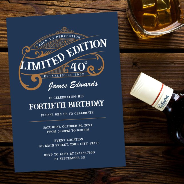 Vintage Blue Gold Men's Whiskey 40th Birthday Invitation (Creator Uploaded)