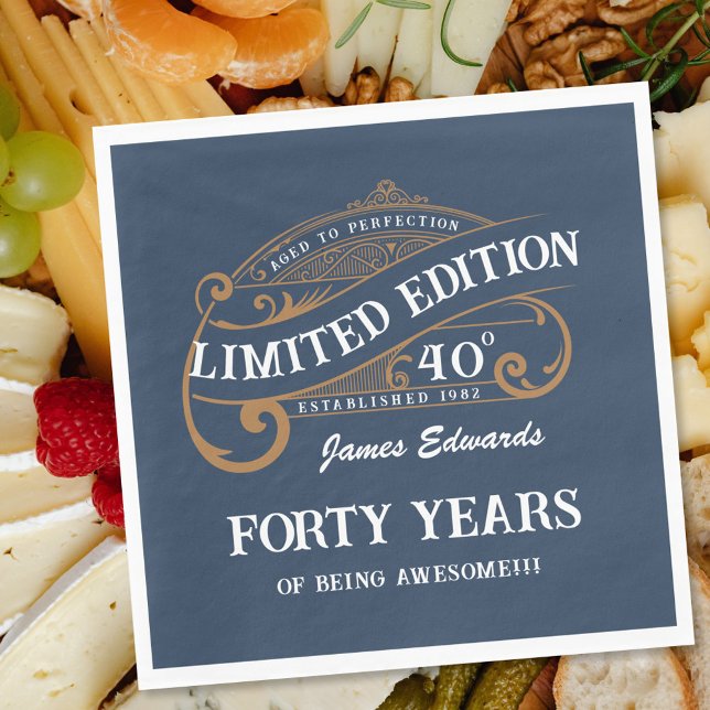 Vintage Blue Gold Men's Whiskey 40th Birthday Napkin (Creator Uploaded)