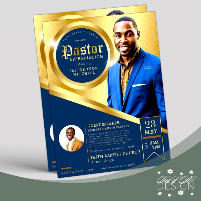 Vintage Blue & Gold Pastor Appreciation Church Flyer (Creator Uploaded)