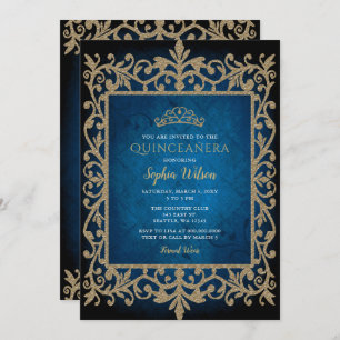 Vintage Blue Gold Princess Tiara Quinceañera Invitation