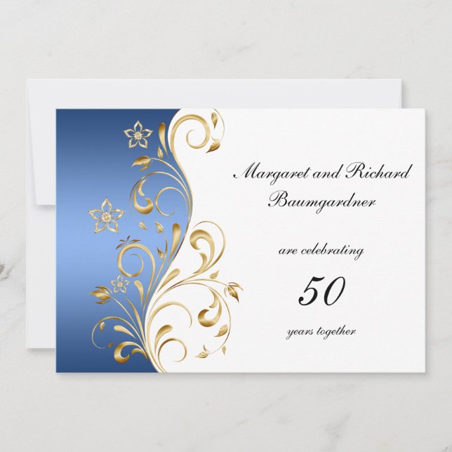 Vintage Blue Gold Swirls 50th Wedding Anniversary Invitation (Front)