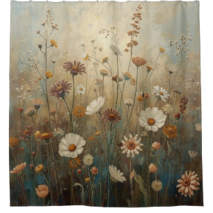 Vintage Blue Green Brown Wildflower Garden Print Shower Curtain