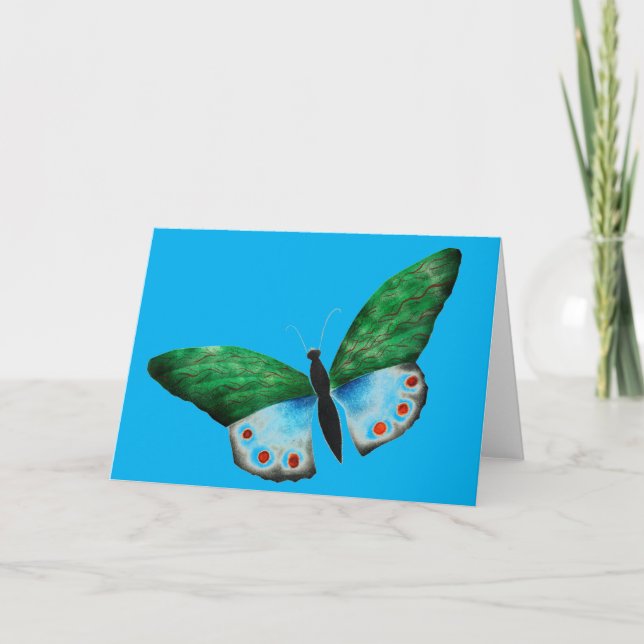 Vintage Blue Green Butterfly Illustration Card (Front)