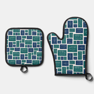 Vintage Blue Green Fish Pattern Oven Mitt & Pot Holder Set
