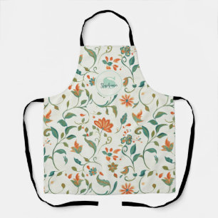 Vintage Blue-Green Leaves & Orange Floral Pattern Apron