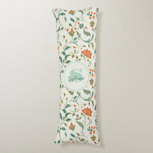 Vintage Blue-Green Leaves & Orange Floral Pattern Body Cushion