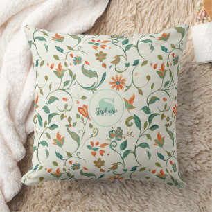Vintage Blue-Green Leaves & Orange Floral Pattern Cushion