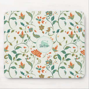 Vintage Blue-Green Leaves & Orange Floral Pattern Mouse Mat