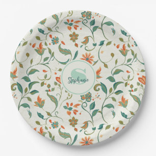Vintage Blue-Green Leaves & Orange Floral Pattern Paper Plate