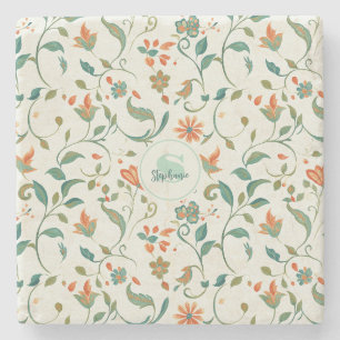 Vintage Blue-Green Leaves & Orange Floral Pattern Stone Coaster