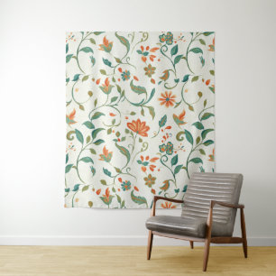 Vintage Blue-Green Leaves & Orange Floral Pattern Tapestry