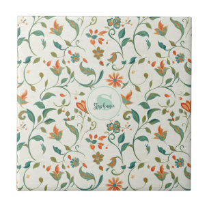 Vintage Blue-Green Leaves & Orange Floral Pattern Tile