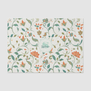 Vintage Blue-Green Leaves & Orange Floral Pattern Tissue Paper