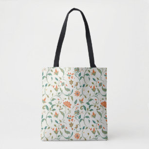 Vintage Blue-Green Leaves & Orange Floral Pattern Tote Bag