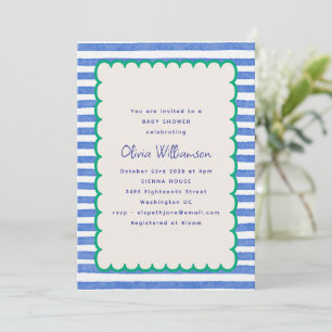 Vintage Blue Green Stripe Scallop Baby Boy Shower Invitation