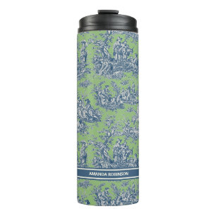 Vintage blue green toile de jouy printed thermal tumbler