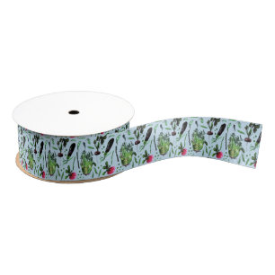 Vintage Blue Green Vegetable Garden Watercolor Grosgrain Ribbon