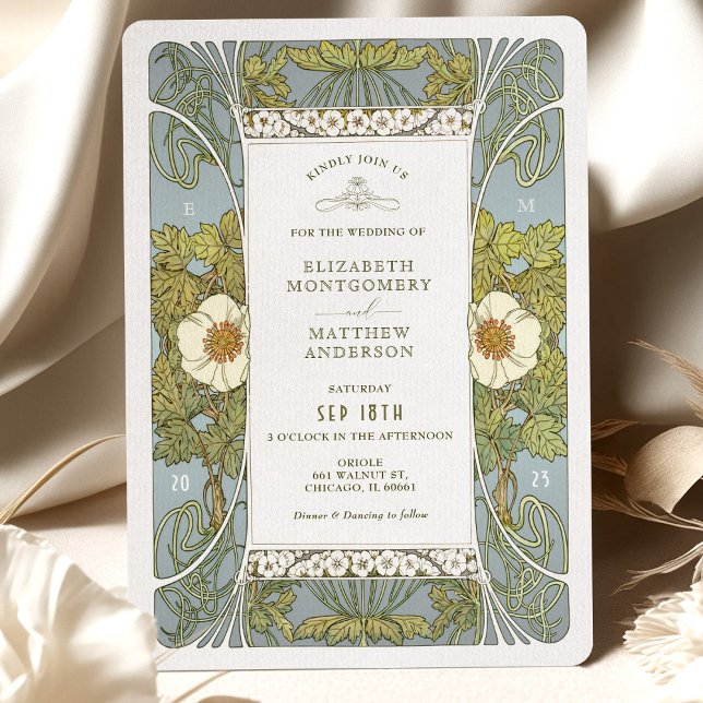 Vintage Blue Green Wedding Invitations Art Nouveau (Creator Uploaded)