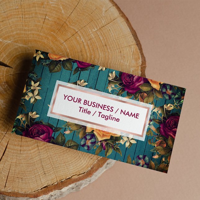 Vintage blue green wood coral burgundy floral business card (Vintage blue green wood coral burgundy floral )