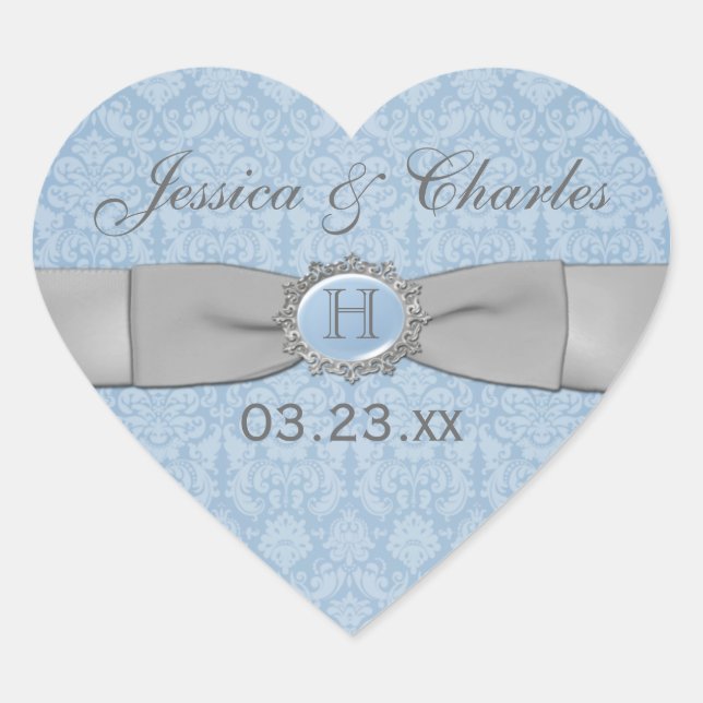 Vintage Blue, Grey Damask Wedding Favour Sticker (Front)
