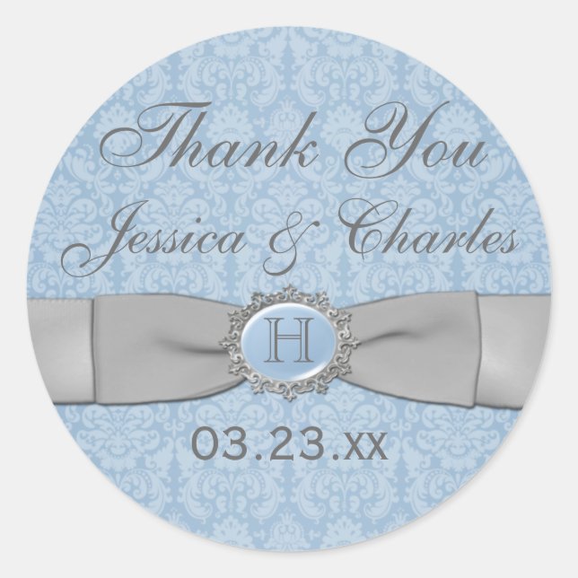 Vintage Blue, Grey Damask Wedding Favour Sticker (Front)