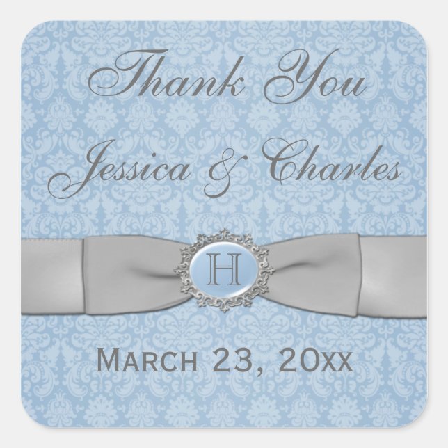 Vintage Blue, Grey Damask Wedding Favour Sticker (Front)