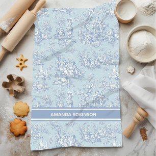 Vintage Blue Grey French Country Toile de Jouy Tea Towel