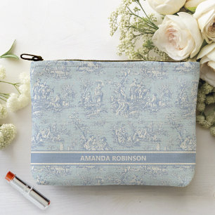 Vintage blue grey toile de jouy printed accessory pouch