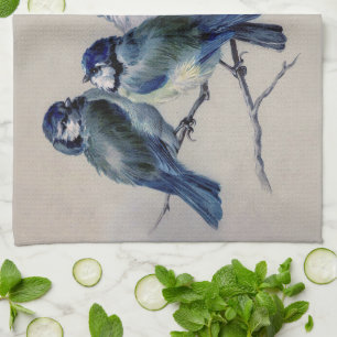 Vintage Blue Grey Watercolor Birds Tea Towel