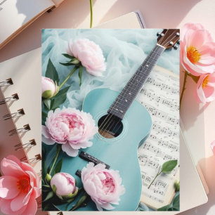 Vintage Blue Guitar & White Flower Art Postcard