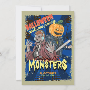 Vintage Blue Halloween Costume Party Invitation