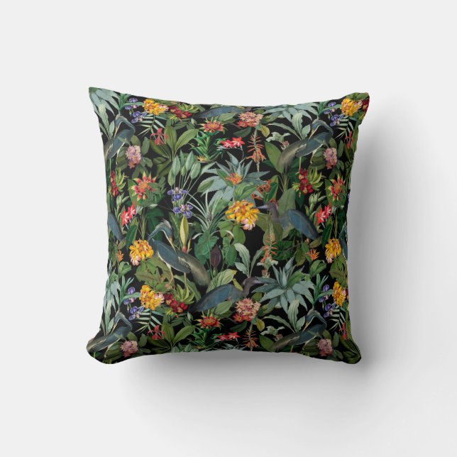Vintage Blue Heron Tropical Jungle Pattern black Cushion (Front)