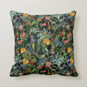 Vintage Blue Heron Tropical Jungle Pattern black Cushion