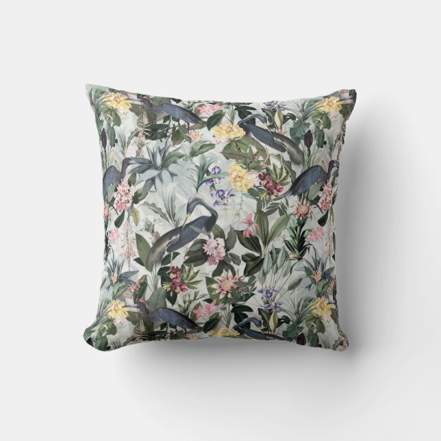 Vintage Blue Heron Tropical Jungle Pattern grey Cushion (Front)